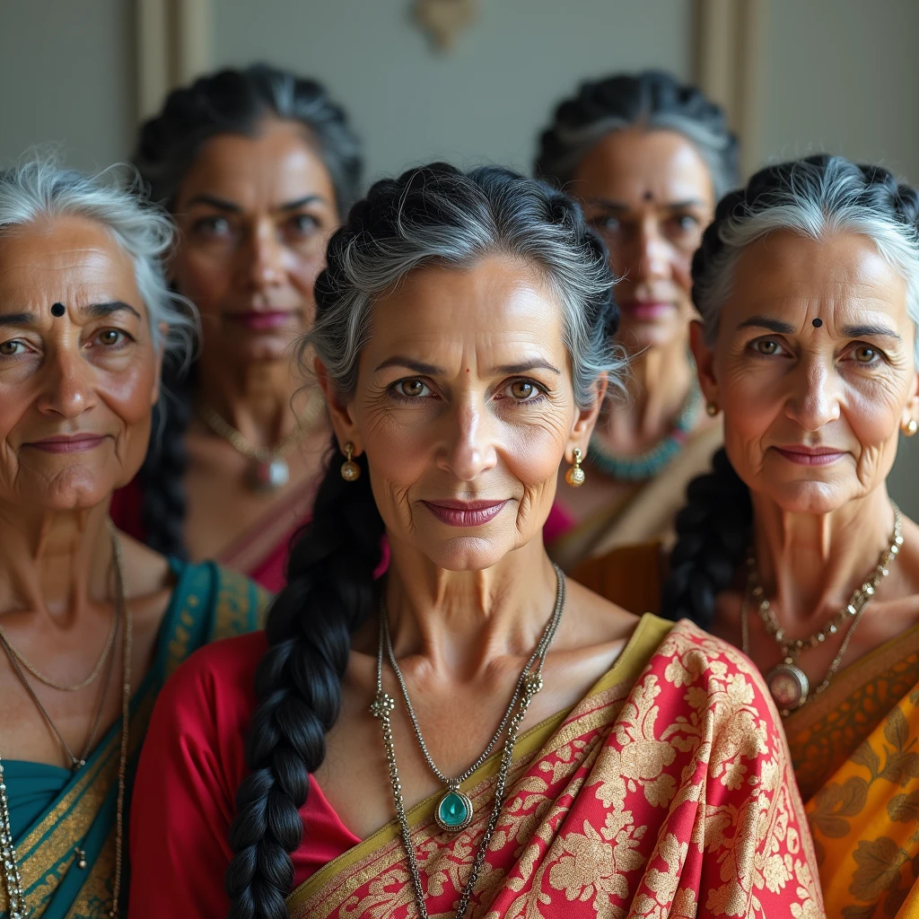 Ultra detailing image prompt,Generate by using all the ladies features,figures and detailes,exactly and stictly as per the image prompt,Generate ladies elegant elderity and wisdom in indian ethnicity with perfect slick back shinning like mirrors due to oil+gel+water applied cornrow braided hairs maded in to tight buns exactly like in image prompt,Considering image prompt ladies cornrowed hairs;their braid colors are in different,counting how many cornrow braids are there in each ladies and with their exact color differentiate generate exact hairs for the ladies,Generate with each ladies actions and movements exactly as per in the image prompt,Ladies stunning woth sarees exact colors in the image prompt,