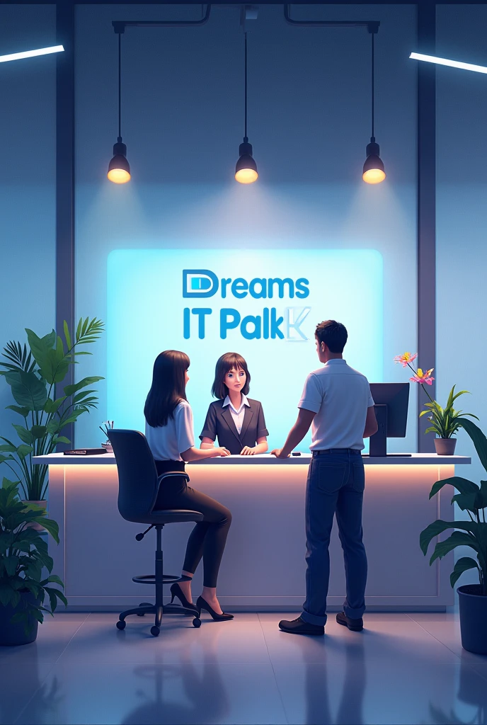 On the desk front of an organization is written 'Dreams IT Park' A service seeker is taking service from the admin