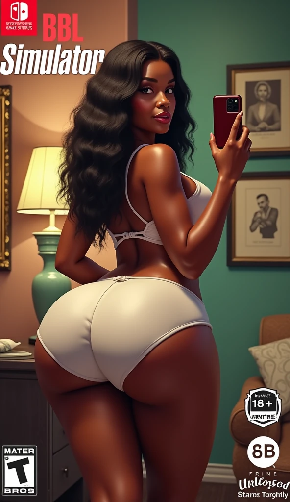 A PS5 video game disc cover, in the style of Farm Simulator, the front depicts an urban African American woman in a skin tight short white dress, curvaceous, large big wide hips and extreme over exaggerated backside, posing taking a selfie, ((The heading is "BBL Simulator: To Trick the Simps")), masterpiece, 4k, photorealistic, Farm Simulator font, half and half background of a Las Vegas Hotel room, and a shady unlicensed cheap style doctor's office in the background, AO 18+ logo on bottom of cover, Drizzle-Drizzle Game Studios logo on the bottom of cover, Pass-Port-Bros logo on cover.