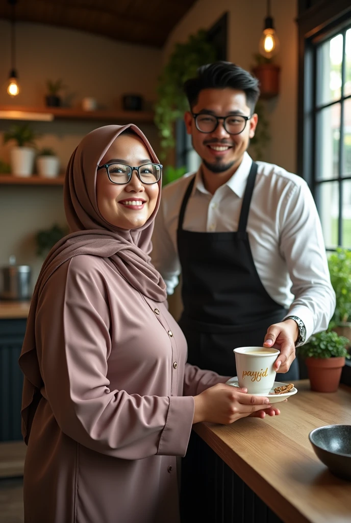Image mode landscape,((wide)) created a beautiful woman hijab ((headscarf behind neck)) with a fat body, glasses, slightly overweight, medium breasts, Malay face. Barista shirt, standing on the side with the barista man 29 year, glasses, Them was a restaurant waiter who delivered a cup of warm coffee, The cup making word Gold inscription "payid", the background is village cafe. Facing camera, the image is very detailed, super HD