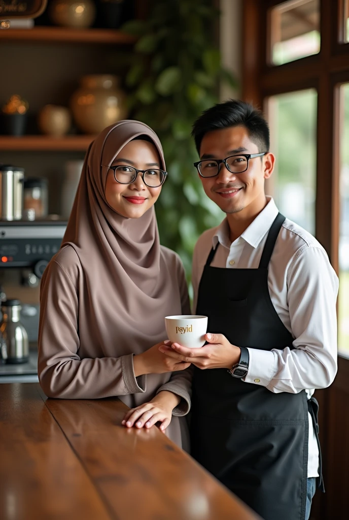 Image mode landscape,((wide)) created a beautiful woman hijab ((headscarf behind neck)) with a fat body, glasses, slightly overweight, medium breasts, Malay face. Barista shirt, standing on the side with the barista man 29 year, glasses, Them was a restaurant waiter who delivered a cup of warm coffee, The cup making word Gold inscription "payid", the background is village cafe. Facing camera, the image is very detailed, super HD