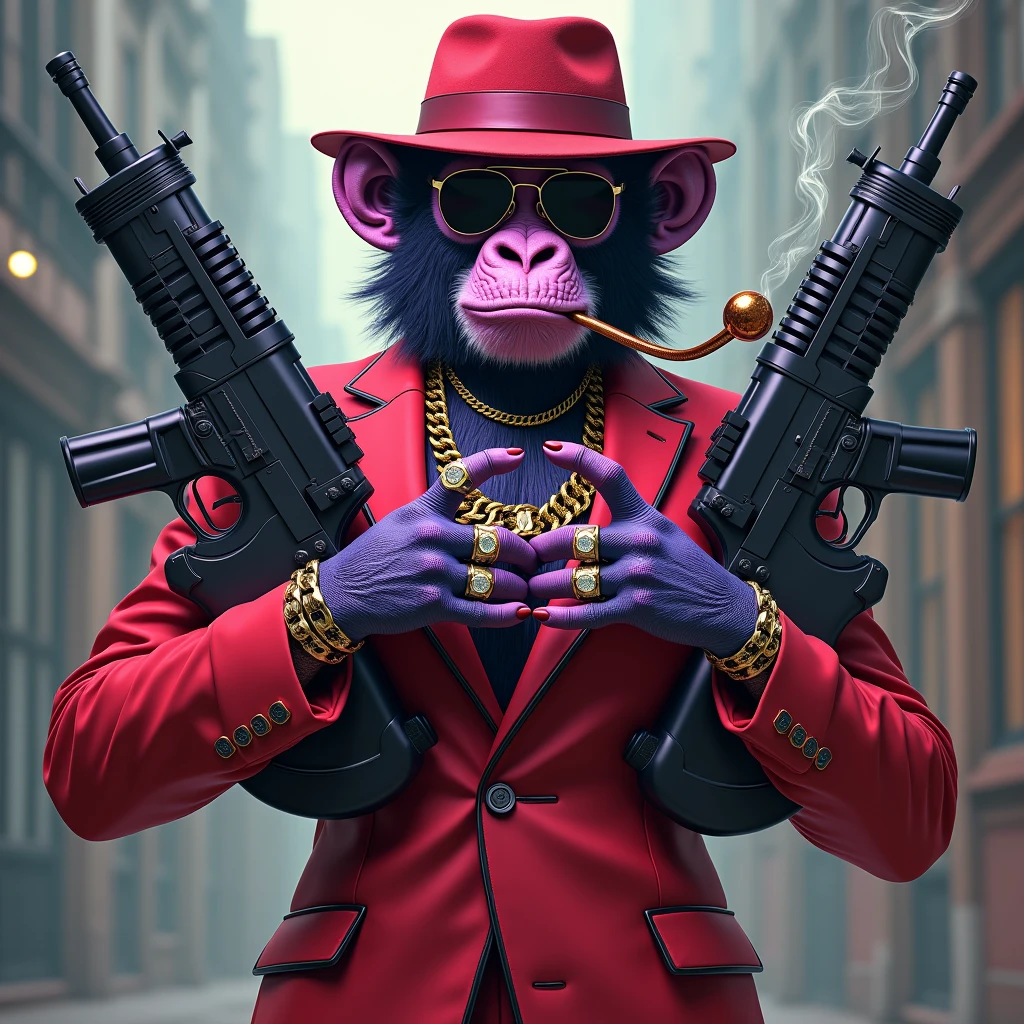 1 purple female monkey, With giant and high-caliber weapons, with a red gangster suit with chains, hat and glasses, tattooed, with huge diamond and gold rings, smoking with a pipe, making a heart with both hands