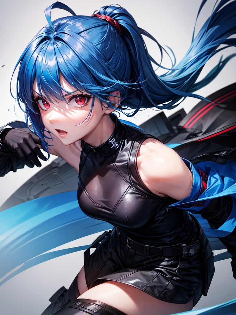 Tough girl with sapphire blue hair, would be a sharp ponytail and one red eye