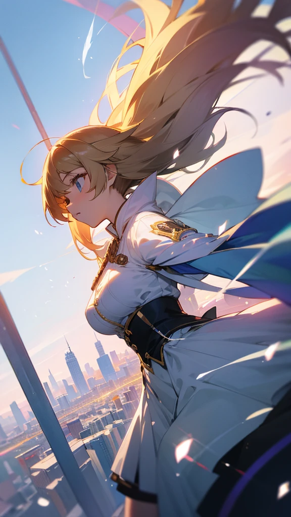 Anime city , with sunlight , bright white light , road , huge building , details and sharp image . Beautiful with bubbles in the air , gojo saturo im middle