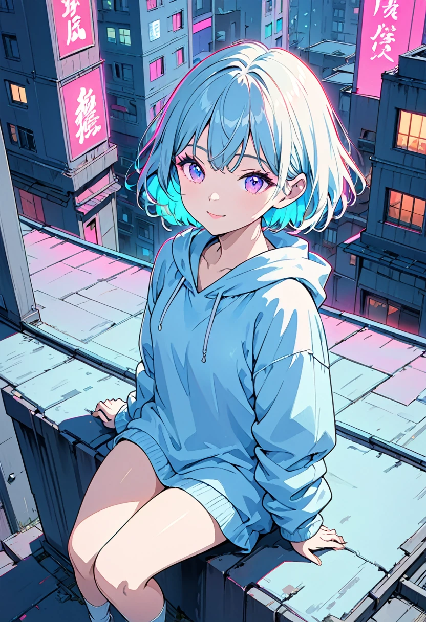 masterpiece,Highest quality,1 Synthwave style girl,Blue outline,Neon lit street,Blue fluorescent paint,alone,From above,Cowboy Shot,Sitting on the roof of a building,Highly detailed CG,Flat Color,Limited edition palette,No Line Art,silhouette,Partially colored,Alternative color,Dynamic Angle,Blue long top champagne,Purple Shadow,Synthwave,chromatic aberration,(alone focus),Perfect Shadow,Wearing a light blue hoodie,Delicate face,,Beautiful and delicate eyes,Light blue hair,Short Bob Hair,Delicate background,Blue Neon Light,Around 15 years old,smile