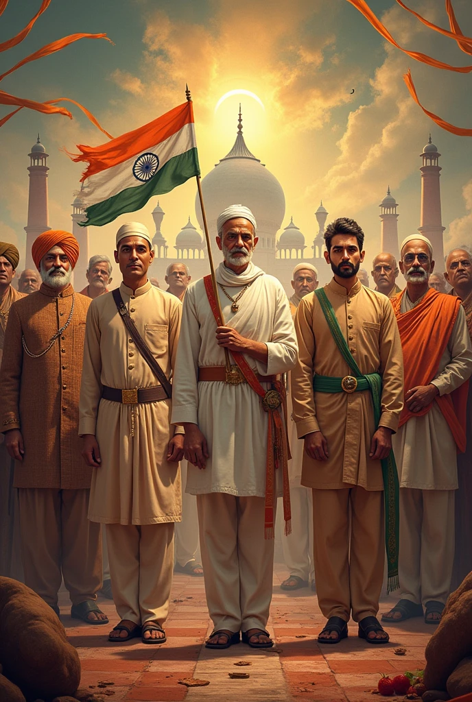 A magnificent photo for indian independence day having all freedom fighters, maharan pratap , maharaj ganga singh of bikaner, baba saheb ambedkar, bhagat singh manthma gandhi. Subahsh chandr bose , veer savarkar, theme of Hinduism