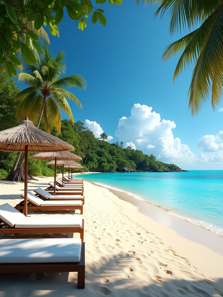 Caribbean beach with straw umbrellas and beach loungers. In the background a pine forest