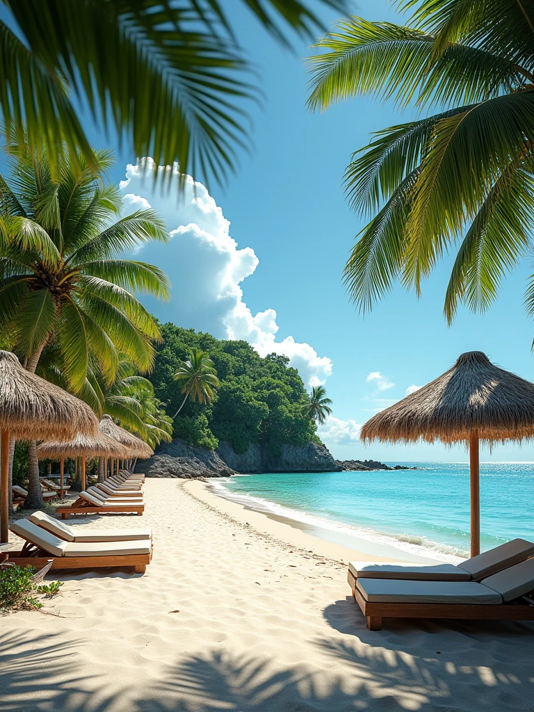 Caribbean beach with straw umbrellas and beach loungers. In the background a pine forest