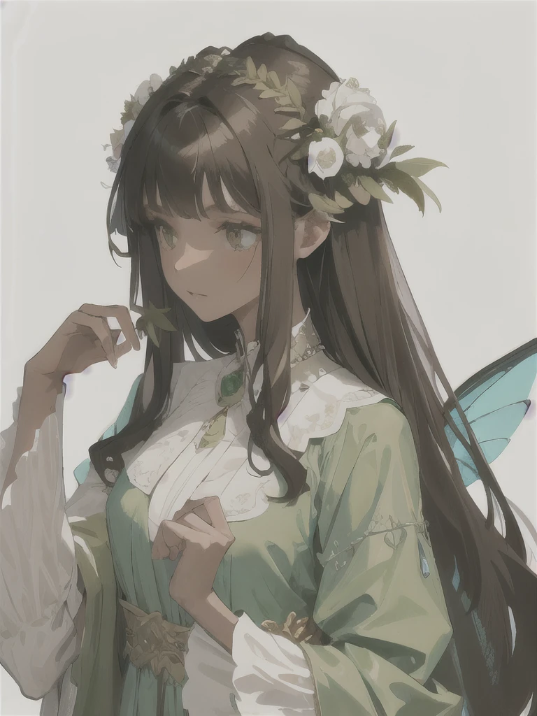 an elegant woman with brown skin, sage green and brown eyes, dark brown long and wavy hair with flowers on her head, a sage green fancy dress and fairy wings, white and green jewelery.