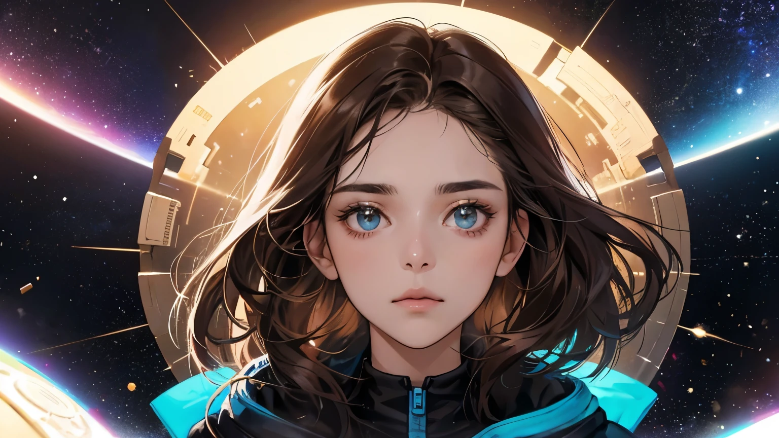 A beautiful woman. Twenty years old. Dark brown hair. She is looking at the camera with a serious expression. Outer space exists behind her. A glimpse of that outer space coin can be seen. The area around the coin is luminous.