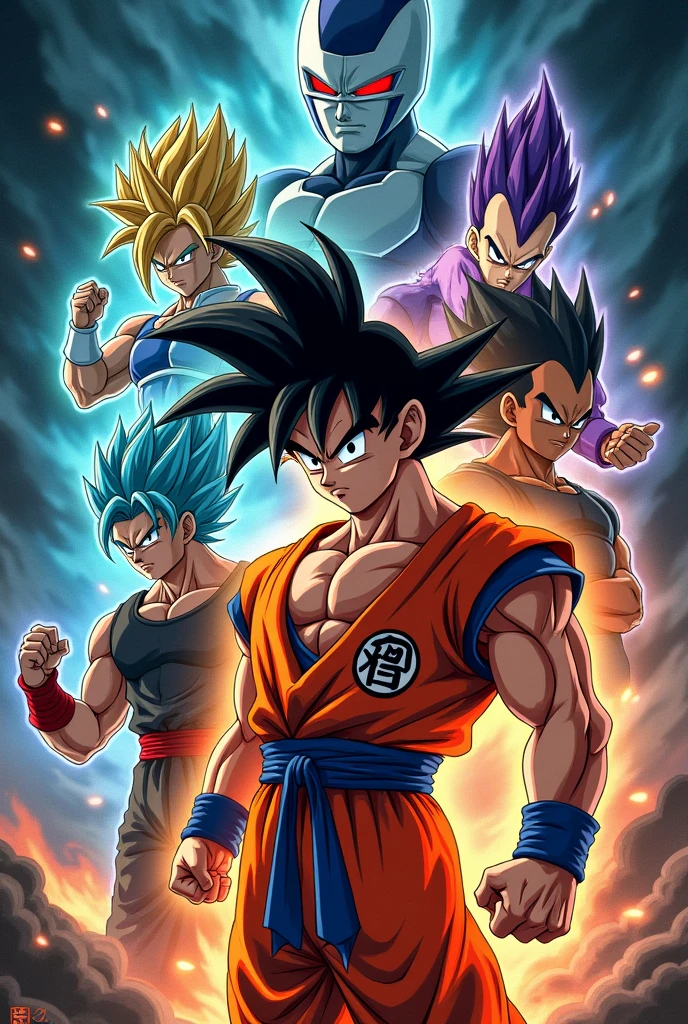 Create me some Dragon Ball Z realistic anime design for t shirt, where many anime characters in one frame.
