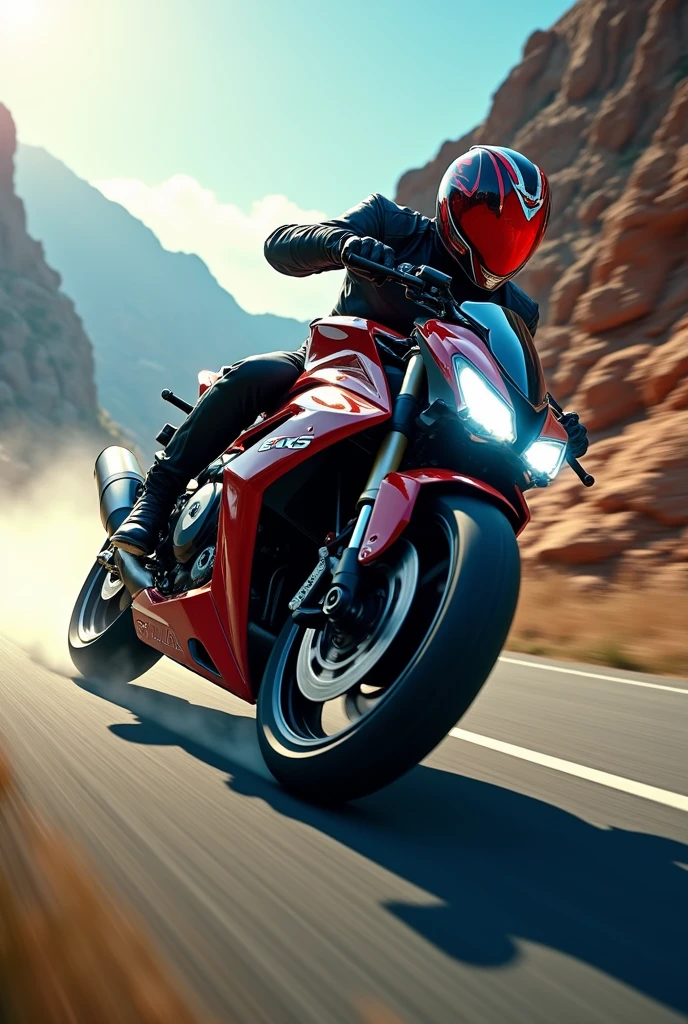 Kamen rider Ichigo,man riding motorcycle,Honda ex5 bike,extremely fast motion blur,jumping off cliff,cinematic dramatic lighting,detailed mechanical parts,intense action scene,dynamic high-speed pose,extreme close-up,photorealistic,8k resolution,highly detailed