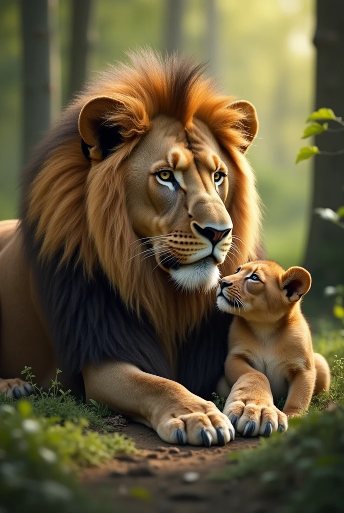 A lion sitting in the forest, eating his cunt