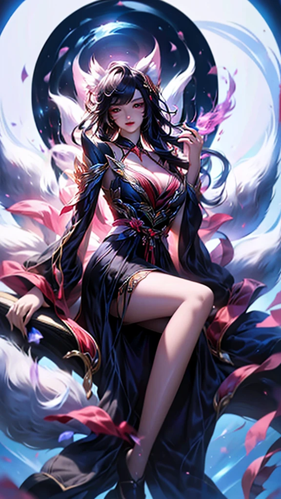 best quality,masterpiece,Ultra-high resolution,(photoactual:4:0),The Golden Palace,A beautiful Eastern Nine-Tailed Fox Empress,long hair shawl,Big breasts,thin waist,Wearing a black dragon and phoenix robe,Sitting on the Dragon Throne