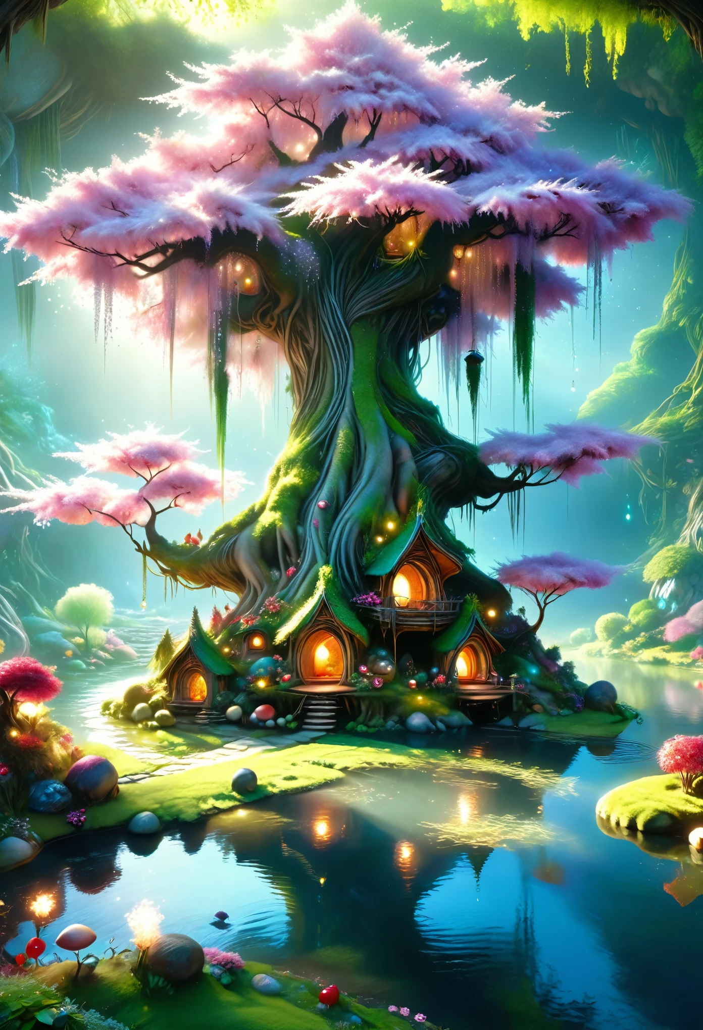 large cherry tree hanging over a meandering pond an river let where the stone egg-like huts and homes of the little people are, fairies, gnomes, whips and elven, backlight morning light, all made from crystals, gems and sparkles, fantasy art style, 8k resolution cartoon realism, misty dewdrop atmosphere,