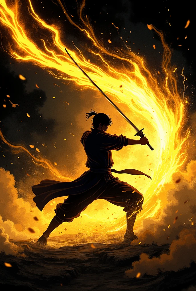 ((Best Quality)), ((masterpiece)), ((detailed)), ((High Definition)), an aura of sword slashes in anime style, all the golden color, with the black silhouette of a simple person in the center, dynamic movement, fighting pose, straight thrust at the speed of light. With a black background.
