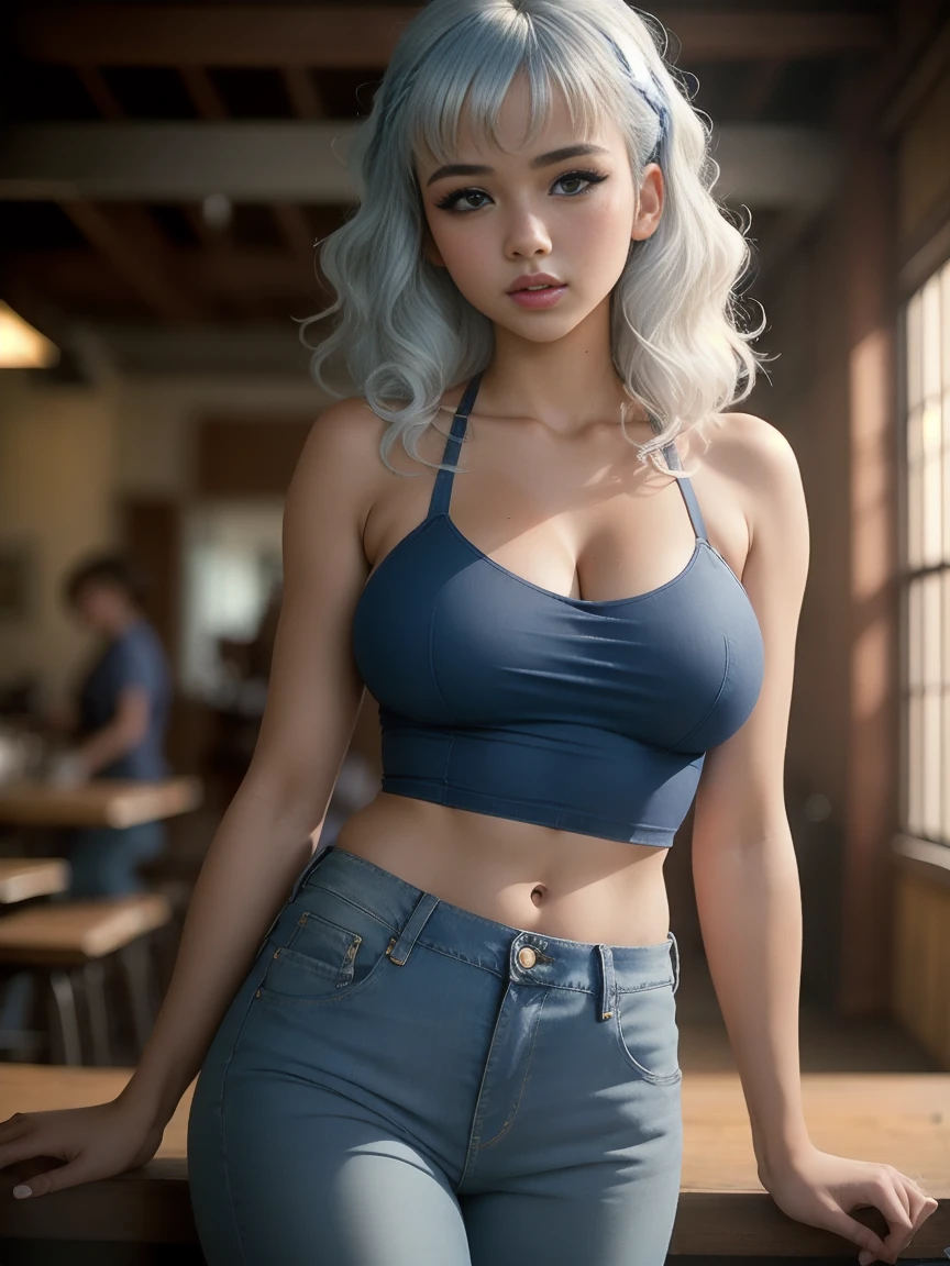 masterpiece,best quality, photography, style of Philip Lorca diCorcia, cinematic film photo of young Caucasian girl aged 18yo, 1girl, solo, blue and white hair, long wavy hair, air bangs, green eyes, tan skin, light makeup, short height, body, athletic body, large breasts, perfect lips, wearing a blue flannel shirt, wearing blue jeans, cute face, vignette, highly detailed features, high budget, bokeh, cinemascope, moody, epic, gorgeous