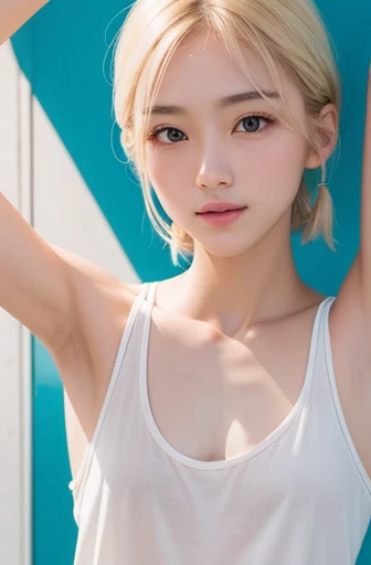 armpits,Create a photo of a korean Asian teenager,((beautiful cute idol girl:1.5)), plutinum blonde hair,,narrow eyes:1.5,slim face,slim neck,((thinbody)),white tite tanktop,((rasping)),((frat chest)),((clavicle)),((Narrow eyes:1.5))、(Thin arms)、(Thin neck)、(Thin lips)、Smile、
