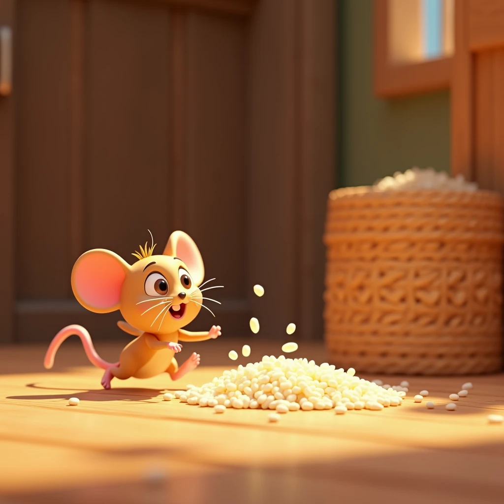 3d animation style Minni quickly darts away from the rice, escaping the trap.