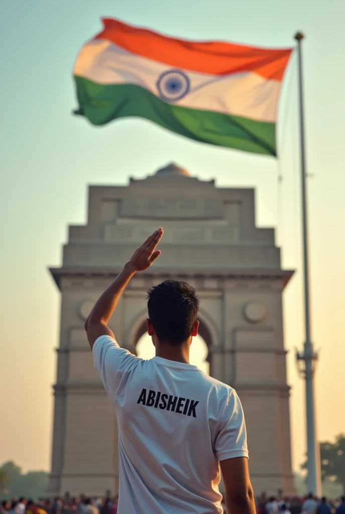 Indian Flag in height of the India gate one 25 years old boy flag salute in right hand that boy wear white colour shirt back side of the shirt named ABISHEIK