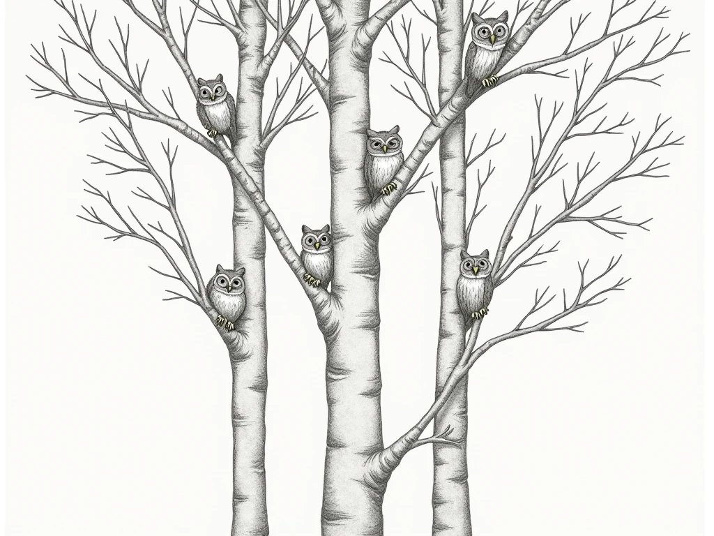 Style and type: Monochromatic illustration. Layout: Vertical arrangement of tree trunks with branches and leaves. Subject: The image depicts a detailed grayscale drawing of several tree trunks with branches extending outward, adorned with clusters of leaves. Among the branches, there are four owls perched, two on the left branch and two on the right branch. The owls are small and intricately detailed, blending seamlessly with the foliage. The background is a light, textured surface, enhancing the contrast and detail of the trees and owls. The overall composition is balanced and naturalistic, with a focus on the intricate patterns of the bark and leaves