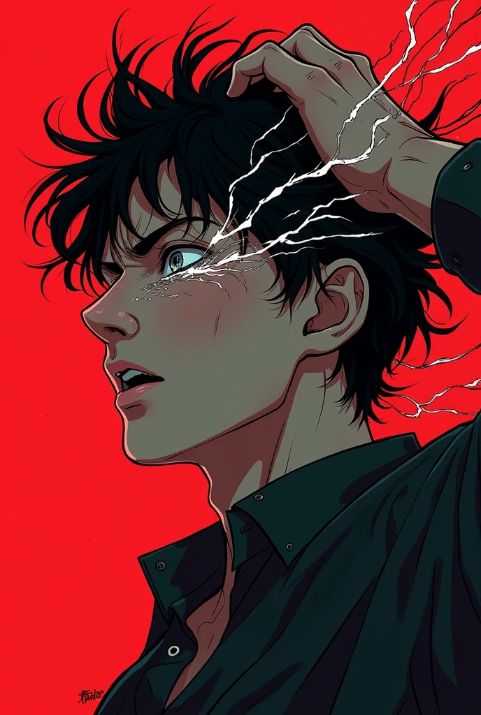 a anime man with her hand on her head and her hair blowing in the wind, with red  background, Conrad Roset, auto-destructive art, sachin teng, an ultrafine detailed painting There are black-white threads/lightning  coming out of the eyes, partials to the left like they're being blown away by the wind.