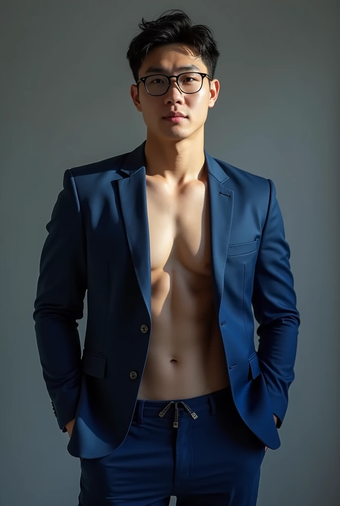 best quality, masterpiece, 8K, HD, masculine, 30 year-old korean gentleman, muscular, nerdy look, glasses, very tight fitting blue business suit,, open chest shirt, showing off body, toned abs and full chest,show off panty waistband, big bulge, golden ratio, sexy, god rays, soft lighting, dynamic shadows, sharp focus, perfection, no watermark,wearing no underwear, sexy, Masculine and handsome, muscular, Beautiful muscles, hairy body,