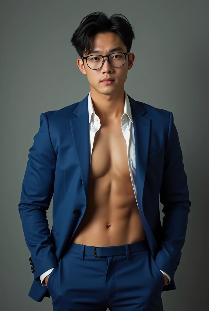 best quality, masterpiece, 8K, HD, masculine, 30 year-old korean gentleman, muscular, nerdy look, glasses, very tight fitting blue business suit,, open chest shirt, showing off body, toned abs and full chest,show off panty waistband, big bulge, golden ratio, sexy, god rays, soft lighting, dynamic shadows, sharp focus, perfection, no watermark,wearing no underwear, sexy, Masculine and handsome, muscular, Beautiful muscles, hairy body,