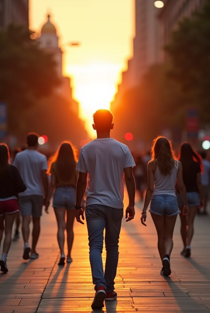 USA TIME SQUARE ORANGE SUNSET EVENING THE ROADS ARE WITH PEOPLE AND SOME GIRLS WEAR SHORTS AND TSHIRT IN BETWEEN THEM A GUY AGE 27 WALKING VERY STYLISH CLOTHES JEANS AND SHIRT.