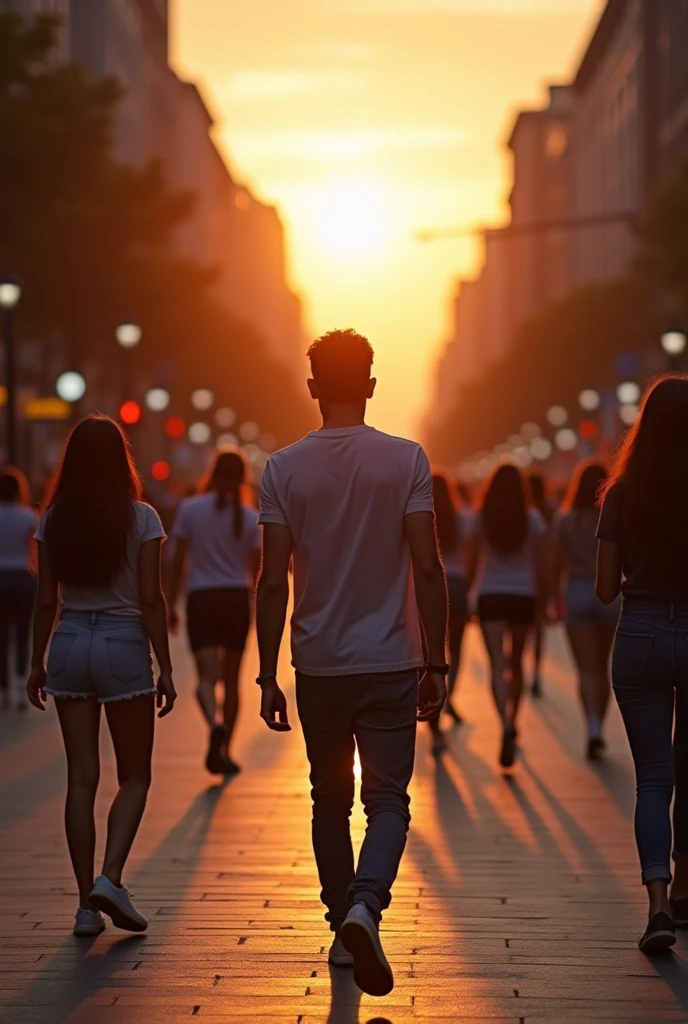 USA TIME SQUARE ORANGE SUNSET EVENING THE ROADS ARE WITH PEOPLE AND SOME GIRLS WEAR SHORTS AND TSHIRT IN BETWEEN THEM A GUY AGE 27 WALKING VERY STYLISH CLOTHES JEANS AND SHIRT.