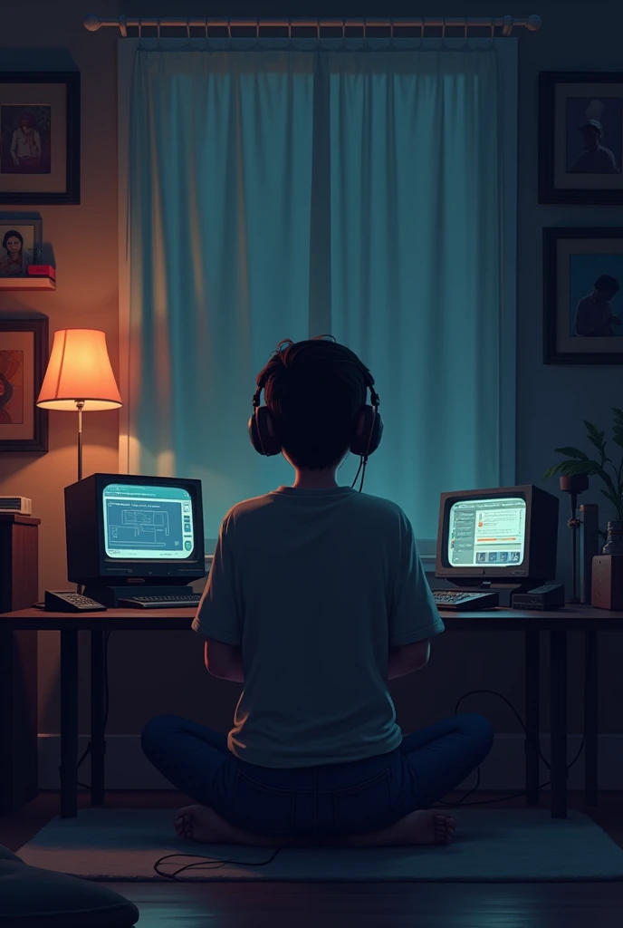 night、Listen to music in a cozy room, Using headphones, 2D-style animation, Lo-Fi, hard disk, Dark Environment
