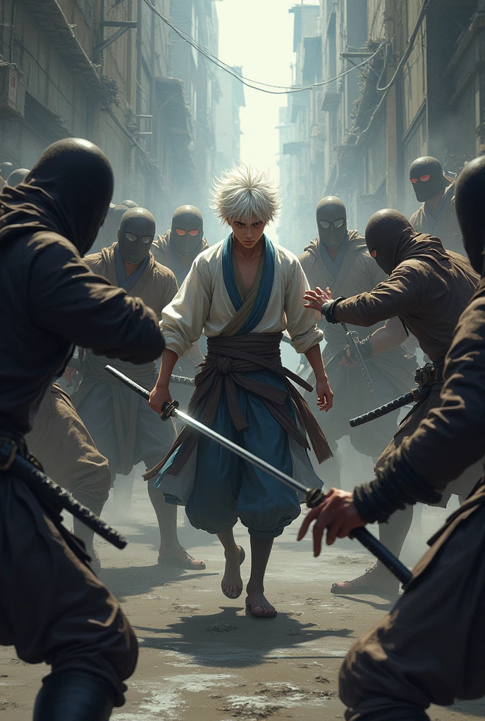 Make a white-haired boy wielding his katana against numerous opponents 