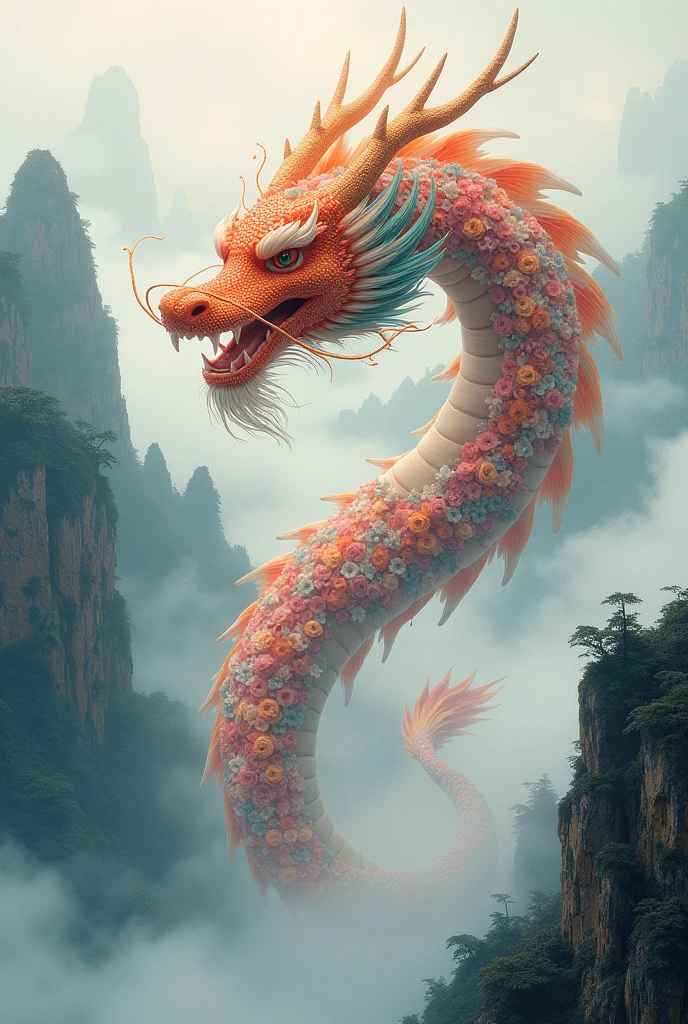 God-like quality, Godly Art, Huge Chinese dragon，Perfect claws，Made entirely of flowers,Flying in the air，Mountain，Mysterious Fog，Chinese painting style