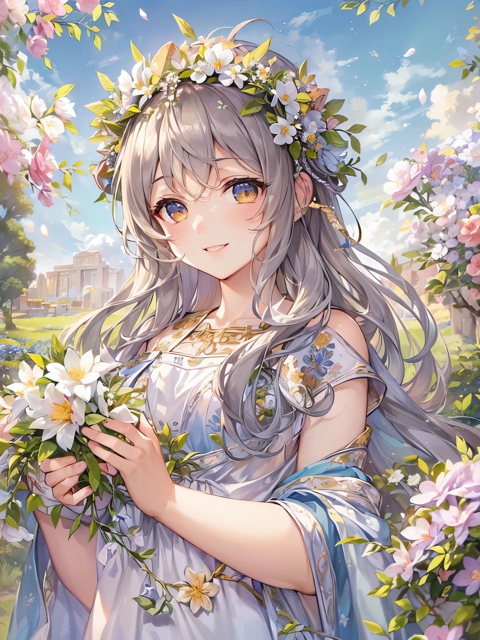 ((Highest quality)),(Ultra-high resolution),(Super detailed),(Detailed Description),((The best CG)),(masterpiece),Highly detailed art,(Art with precise detail:1.5), (A gentle smile:1.3),(Flower crown:1.3), Gorgeous flowers, Light, 常spring, spring:1.2, Fresh breeze:1.6,