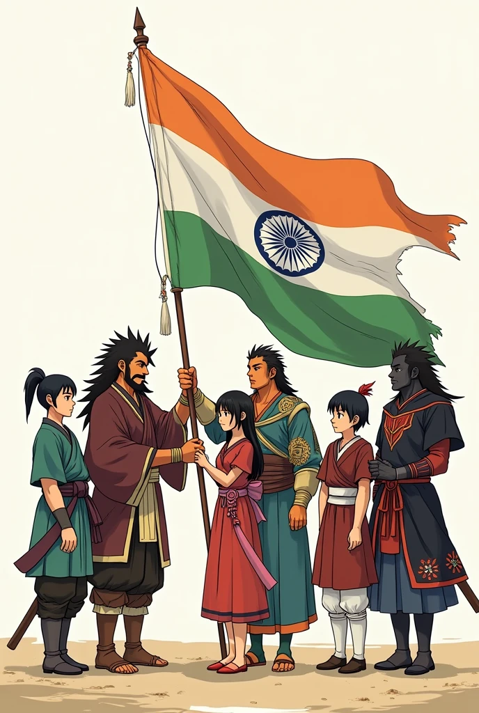 (Deamon slayer) tanjiro, inosuke,nezuko,zenitsu,rengoku,and muzan holding India's flag and showing respect to the flag