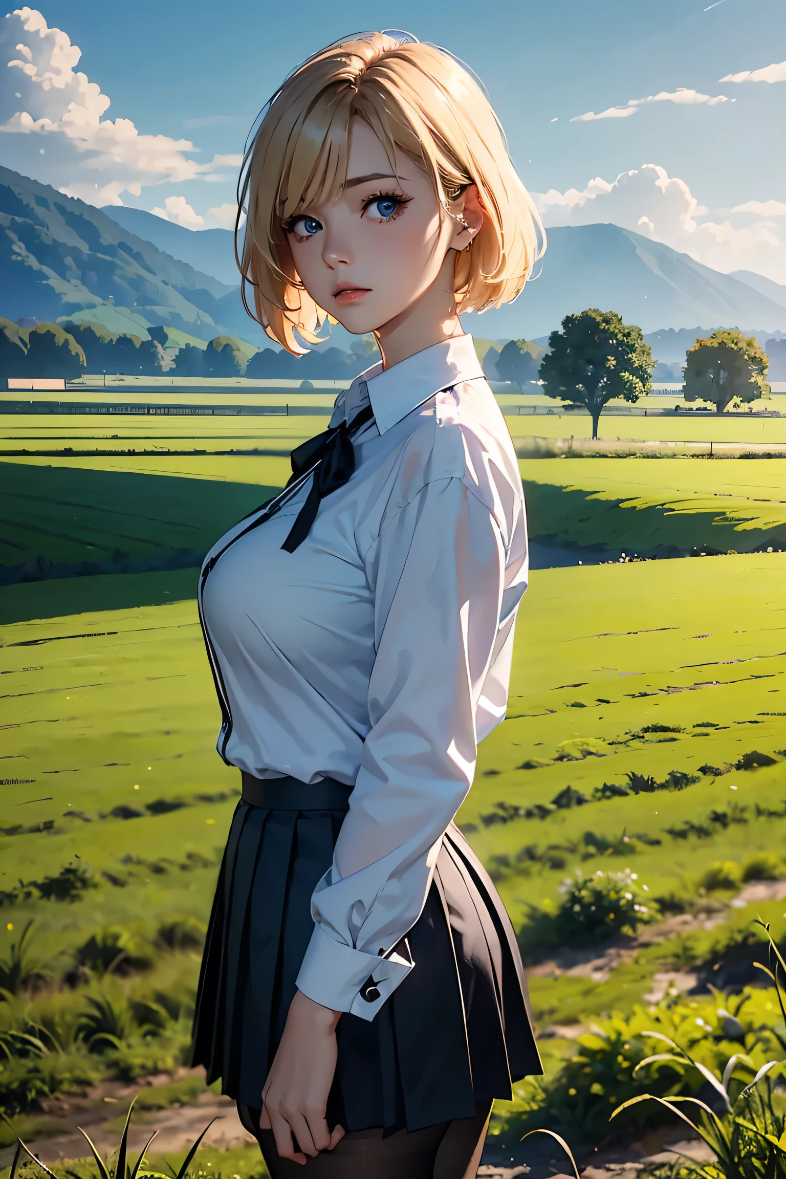 (masterpiece:1.2, Highest quality), (Realistic photos), Beautiful illustrations, (Natural side lighting, Cinema lighting),(1 person), Japanese, 20-year-old female, Perfect Face, Symmetrical cute face, Glowing Skin,Blonde Short Hair、Dark blue eyes, (Huge breasts:1.2), Slender build、Beautiful Hair, Beautiful Face, Fine and beautiful eyes, Beautiful body, Beautiful breasts,(White collared shirt、Small black ribbon、Pleated skirt、Black tights)、Sad expression、Blushing、stand、profile、Country Road、Paddy field、blue sky、White cloud、Summer landscape