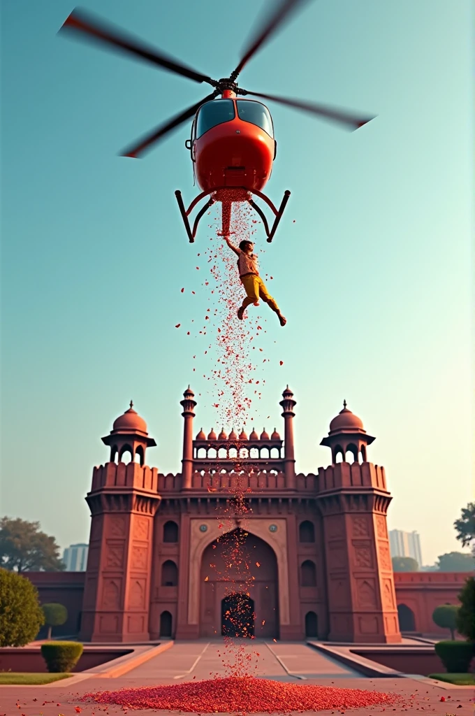 Q A man showering flowers on Lal Qila from a helicopter