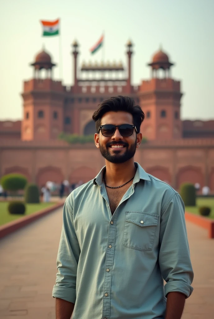 Indian 25 years old boy with beard & sunglasses noraml shart independence day background lal kila images 