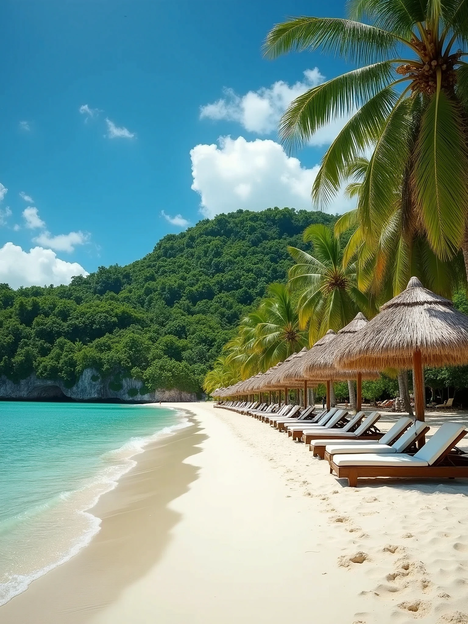 Caribbean beach with straw umbrellas and beach loungers. In the background a pine forest