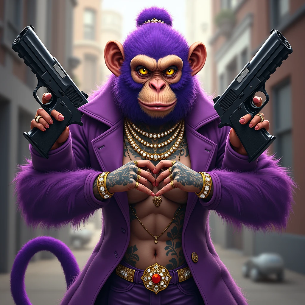 1 purple female monkey, With giant and high-caliber weapons, with a red gangster suit with chains, hat and glasses, tattooed, with huge diamond and gold rings, smoking with a pipe, making a heart with both hands