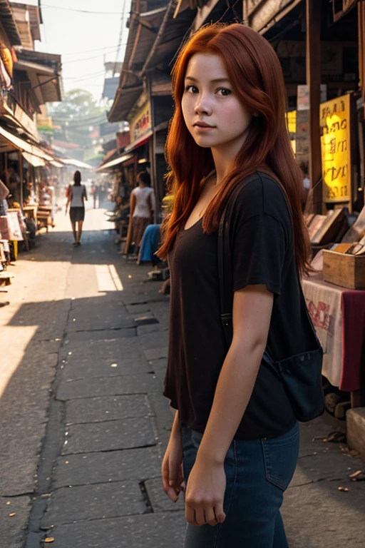 Photorealistic photo of young red-haired woman, Wandering through the old market in Thailand, soft smile, Art in the middle of the road, luminism, Incredible complex shadow - light contrast, masterpiece, IPA Award-winning, Art Lens, warm colors, Tim Burton's art