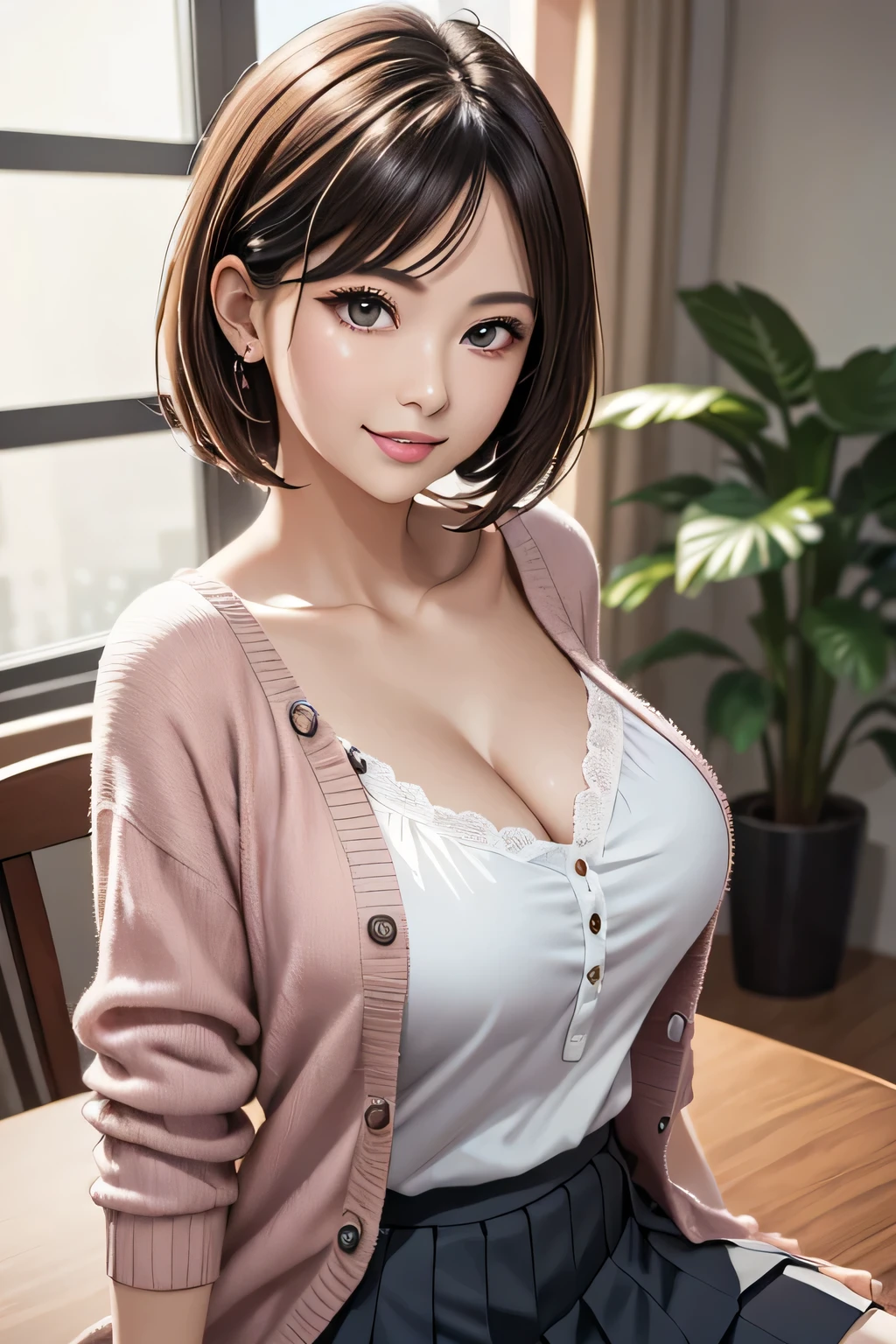 1 female, (Beautiful face with detailed shading), whole body, 40s, (Big Breasts), Brown eyes, (Pink Cardigan), Open cardigan, White camisole blouse, (Yellow pleated skirt), White knee-high, On the bed, (Tabletop)), ((Highest quality)), (Very detailedな), ((attractive)), ((Very detailed)), 4K, (8k), Highest quality, (beautiful), (((World Class Quality))), Very detailed, High resolution