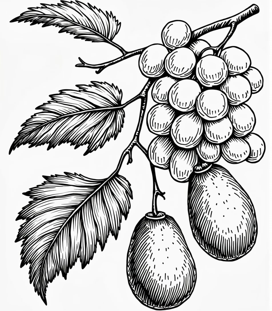 detailed, Black and white botanical illustration of grapes.The image should highlight the grapes,Decorated with grape leaves.Style should be similar to vintage botanical illustrations with light lines and minimal black shading, Focus on natural elements,No heavy shadows