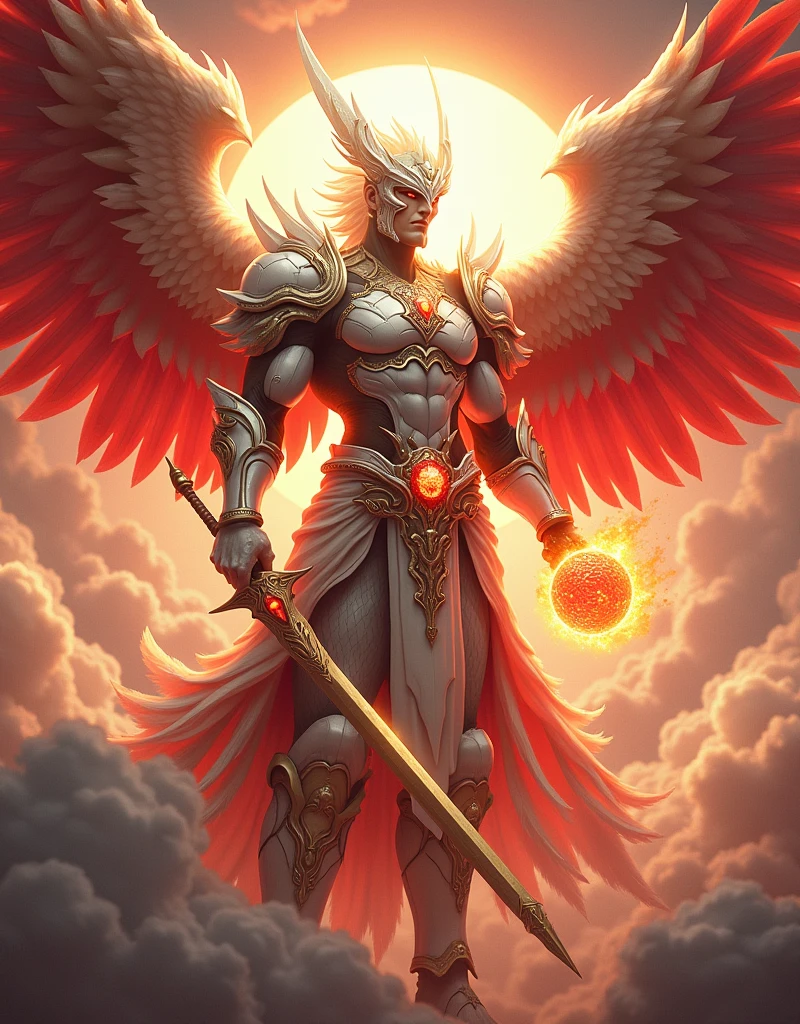 close up shot of Garuda knight with red and white wings on the surface, prajurit phoenix, unreal engine rendering, muscular phoenix, white and red robe, detailed cosmic angel, a flying scarlet phoenix, glowing iron armor, intricate iron armor, ancient dragon armor, intricate white and gold armor, red crystal wings, mode dewa, high fantasy, god king art ai, Holding Fire in left hand and a large sword in right hand, perpfect detail. hyper realistic, 4k, ALREADY. ultra detail, Hyper maximalism, fantasy, Badass, very detail, red sky and white clouds,