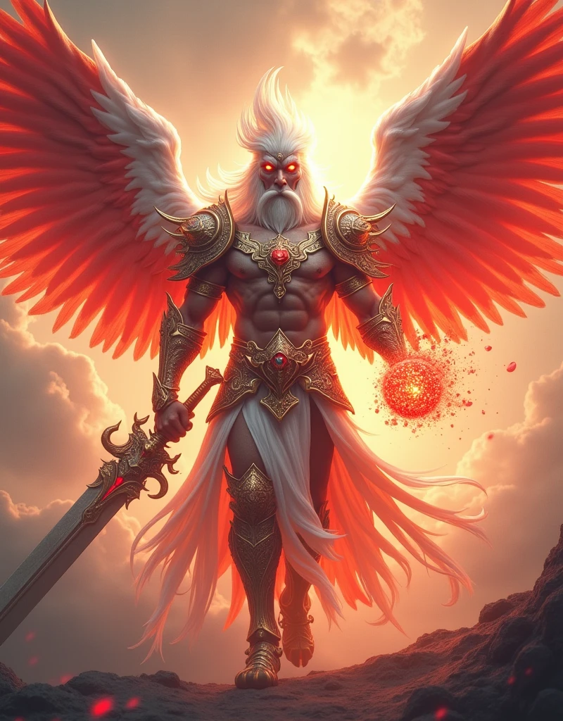 close up shot of Garuda knight with red and white wings on the surface, prajurit phoenix, unreal engine rendering, muscular phoenix, white and red robe, detailed cosmic angel, a flying scarlet phoenix, glowing iron armor, intricate iron armor, ancient dragon armor, intricate white and gold armor, red crystal wings, mode dewa, high fantasy, god king art ai, Holding Fire in left hand and a large sword in right hand, perpfect detail. hyper realistic, 4k, ALREADY. ultra detail, Hyper maximalism, fantasy, Badass, very detail, red sky and white clouds,