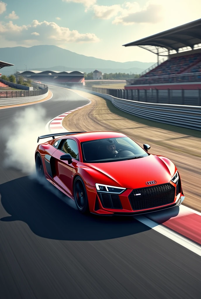 Audi R8 on race track in red colour with India Flag on doors