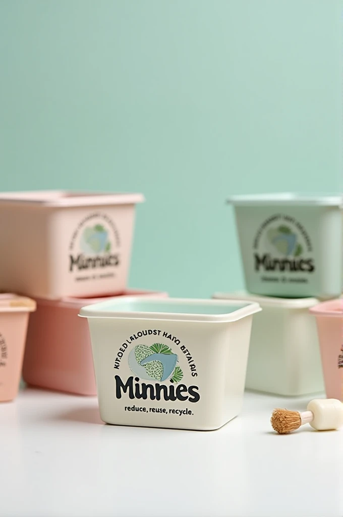 Photo of mini bins with logo of Minnies and written reduce reuse and recycle
