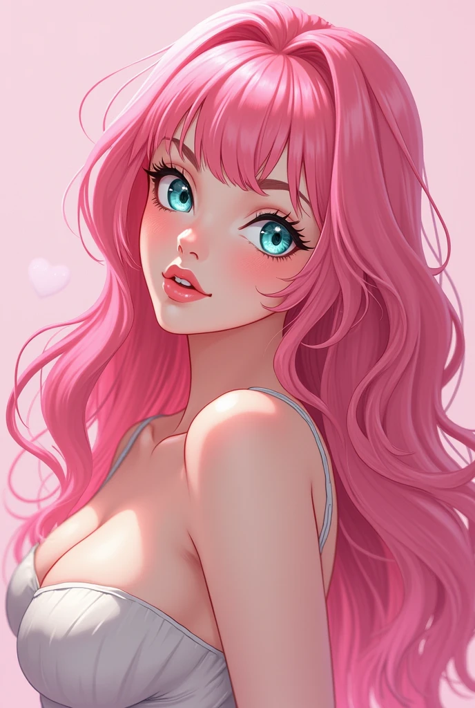 detailed aqua eyes, pink hair, (aqua eyes), Official art, Unity 8k Wallpaper, Ultra-detail, Beautiful and aesthetic, masterpiece, Best Quality, 1girl, big tits, Extremely detailed, elegant, vivd color, romanticism, arms behind back, street fashion, shiny skin, sexy pose, ((pink background)), heavy blushing, upper body, straight on, (cleavage), funky graphic design, (((anime style))), portrait, 