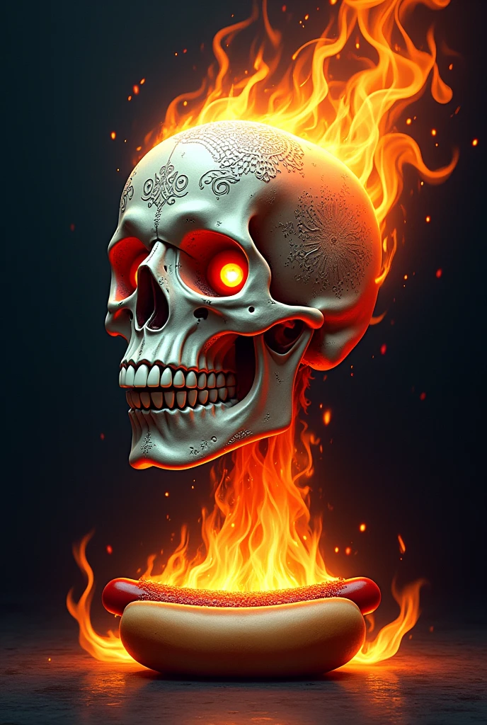 A stylish skull head as if fire were coming out of the bottom and with a very presentable hot dog in front of the skull 