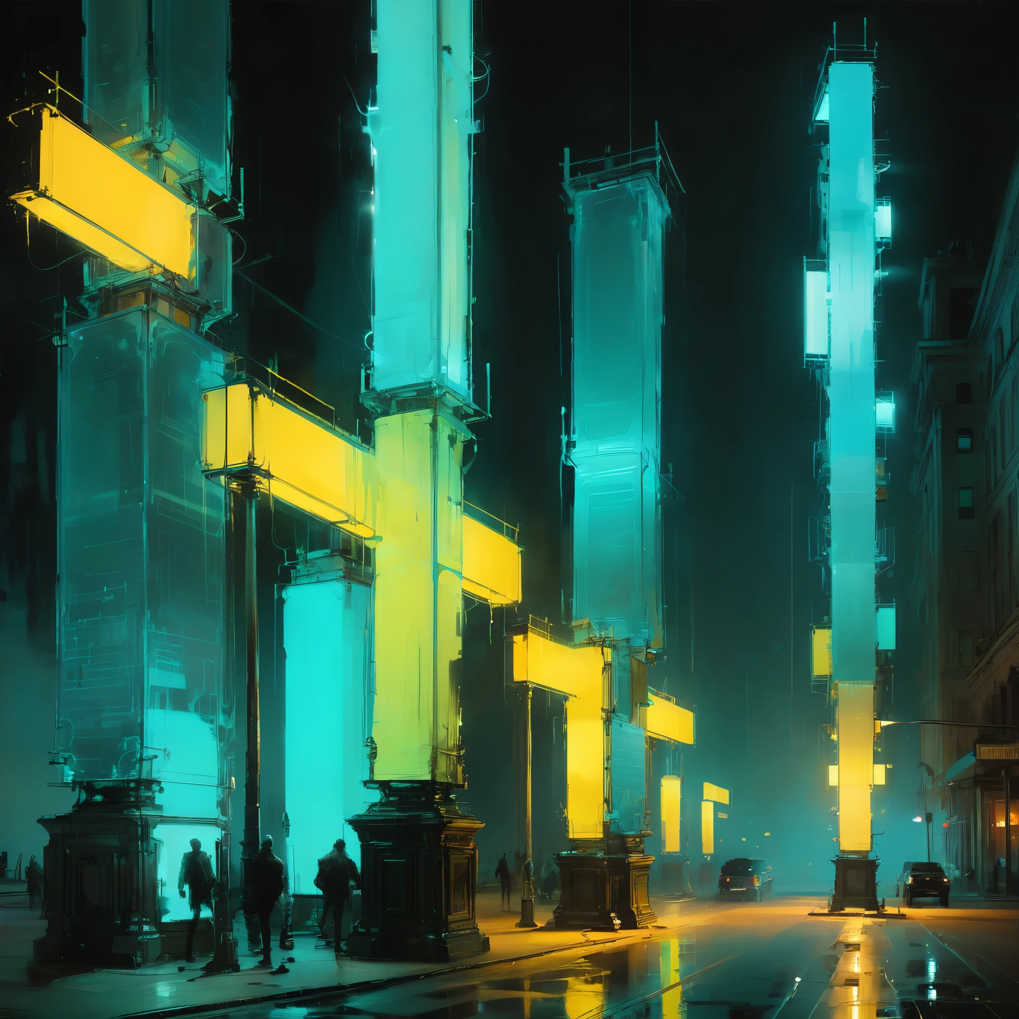 in style of Jeremy Mann,in style of Boris Groh,
lamp column effect,glow array,neon light column array